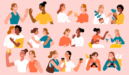 Female friends, young women spend time together, take selfie photos, girlfriends meet, talk, drink coffee and champagne. Young women hug each other, togetherness concept, vector illustrations set