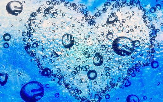 3d illustration of blue water drops splashing in heart shape with abstract background