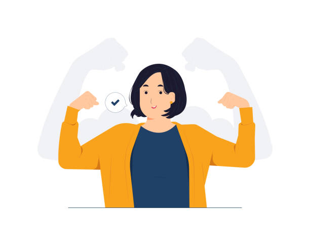 Strong powerful woman raises arms and shows biceps, has piercing in ear, Look at my muscles inner strength concept illustration Strong powerful woman raises arms and shows biceps, has piercing in ear, Look at my muscles inner strength concept illustration trailblazing stock illustrations