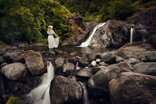 Rear view of a woman in a dress standing on the rocks by the waterfall in nature.