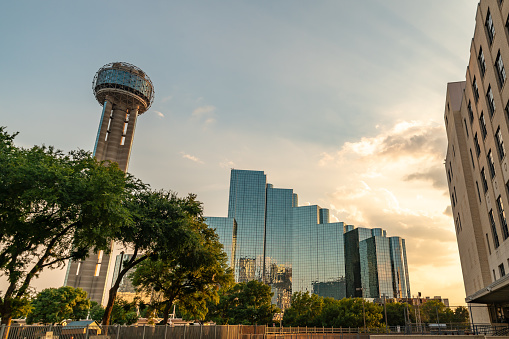 Dallas, Texas, USA. 3 June 2023. Reunion Tower and Dallas Skyline at Sunset