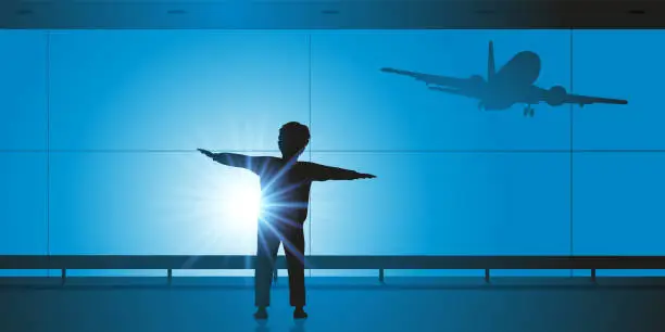 Vector illustration of A child imagines becoming an airplane pilot.