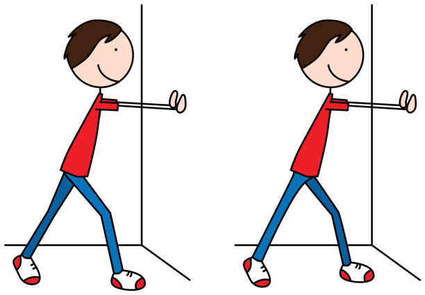 Happy kid exercises Cartoon vector illustration of a boy exercising - wall switches legs against the wall stock illustrations