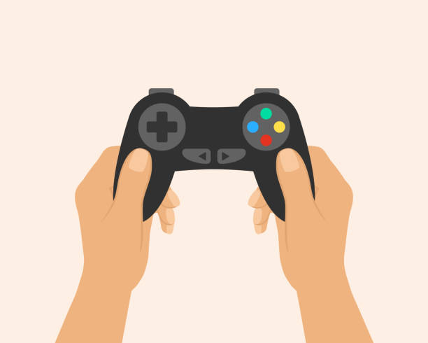 ilustrações de stock, clip art, desenhos animados e ícones de hands holding game controller - video game pc sign portable information device