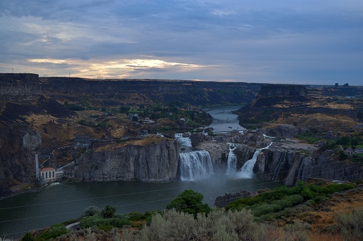 A scenic view of the Shoshone Falls at sunset on the Snake River in Southern Idaho.