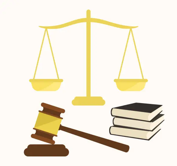 Vector illustration of Justice Concept With Wooden Gavel, Law Books And Golden Scale