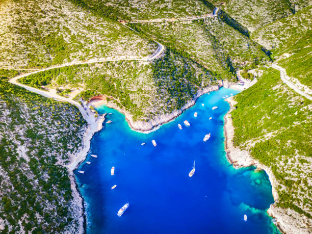 Porto Vromi, Zakynthos. Picturesque gulf and beach, Ionian Greek Islands. Porto Vromi, Greece. Picturesque  aerial drone view of Vromi harbour, west coast of Zakynthos, Ionian Islands. paralia stock pictures, royalty-free photos & images
