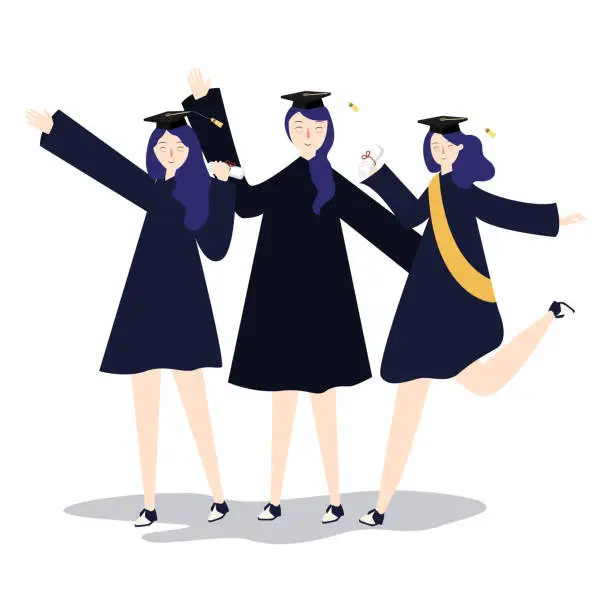 Vector illustration of graduation celebration college young girl student accomplishment academic achievement cheerful happiness character