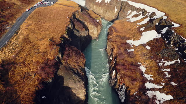 Aerial view of gullfoss river waterfall