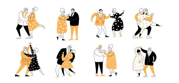 落書きの老夫婦の恋人たちが一緒に時間を楽しんだり、踊ったり、抱きしめたり、手をつないでいるセット。バレンタインデーのコンセプト。かわいい古いキャラクターが踊ります。シンプ� - holding hands couple senior couple togetherness点のイラスト素材／クリップアート素材／マンガ素材／アイコン素材