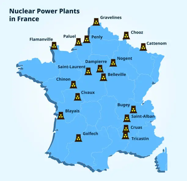 Vector illustration of Nuclear Power Plants map in France. Flat France map.