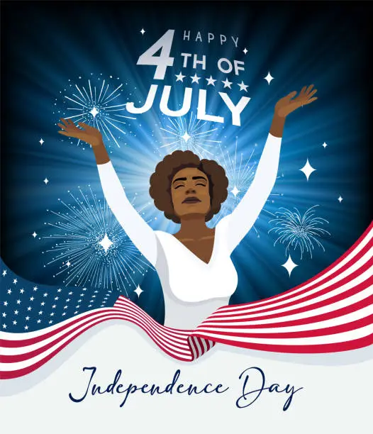 Vector illustration of Happy African American Woman Celebrating Fourth of July. US national holiday. Independence Day.