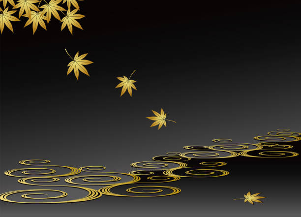 ilustraciones, imágenes clip art, dibujos animados e iconos de stock de ilustración de estilo japonés de hojas doradas de otoño y agua corriente sobre fondo negro - estipe