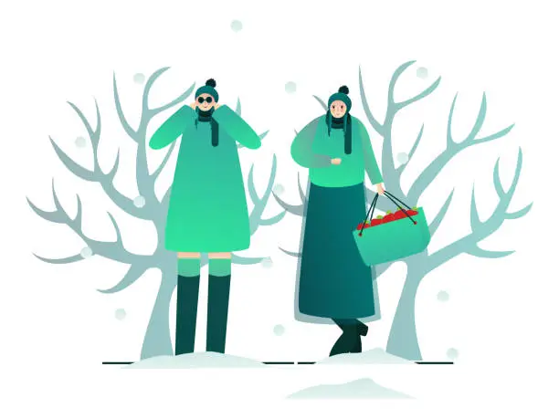 Vector illustration of winter cold season and two young beautiful girls happy adventure trip outdoor holiday wintertime