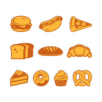 Salty and sweet pastry icon set vector. Food snack symbol collection on a white background