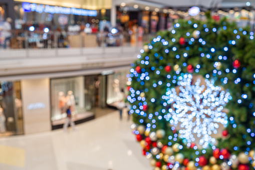 Bright and abstract blurred colorful on the Christmas tree with shimmering glitter, defocused background