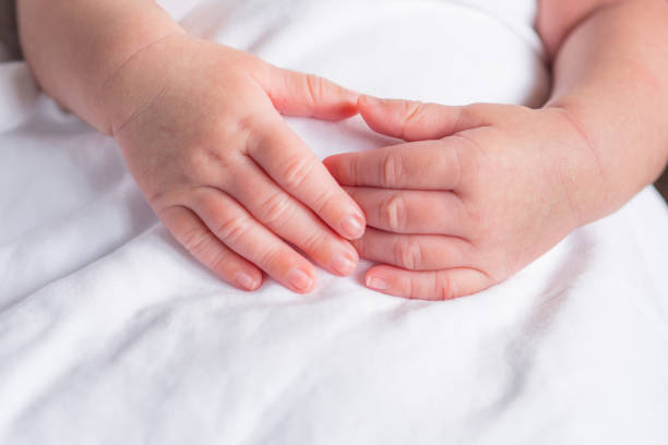istock Hands of a newborn baby on white cloth. 1498926963