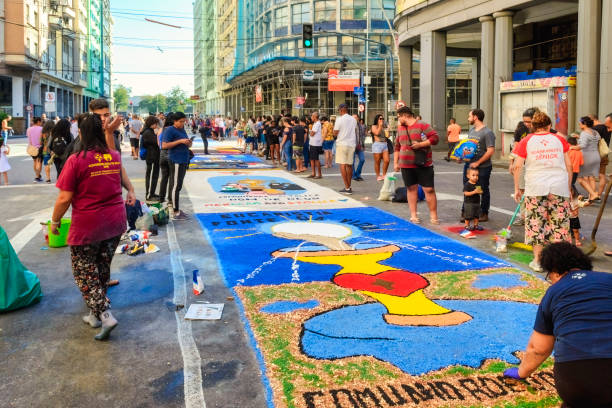 Niteroi, Rio de Janeiro, Brazil - June 8, 2023: Street scene of the Sao Goncalo Annual Festival Of Sand Carpets. The religious event is a tradition and a tourist attraction.