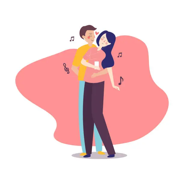 Vector illustration of boy and girl listening music dancing enjoy the play sound melody rhythm with earphones gadget technology modern