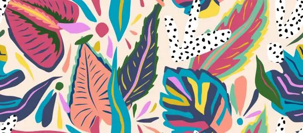 Vector illustration of Tropical abstract vector seamless  leaves pattern. Exotic background.