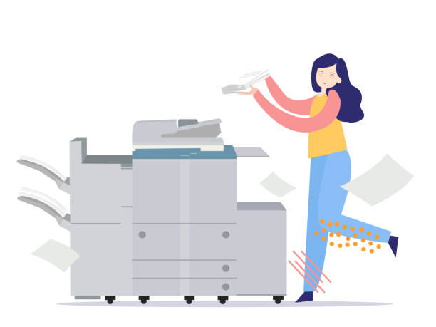 maszyna drukarska, sprzęt biurowy, kserokopia, skanowanie cyfrowe, papier dokumentowy, biznes przez kobietę, pracownika; - multipurpose stock illustrations