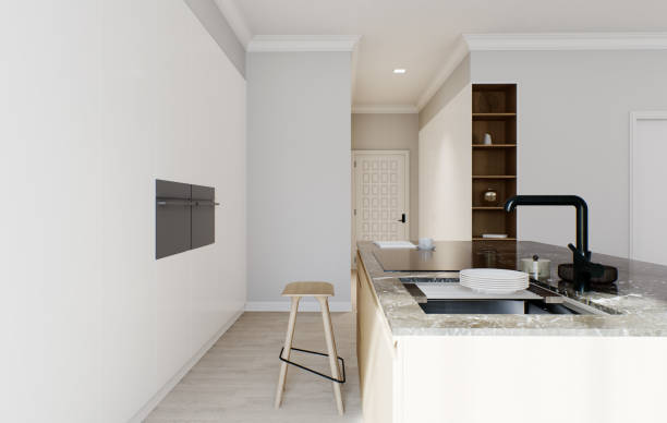 istock The interior of a light minimalist kitchen-studio with a wooden island. Kitchen with bar stool and black marble top with large window and appliances. Black faucet and stove on the island. 3D rendering 1498930464