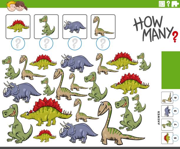 stockillustraties, clipart, cartoons en iconen met how many cartoon dinosaurs characters counting game - theropod