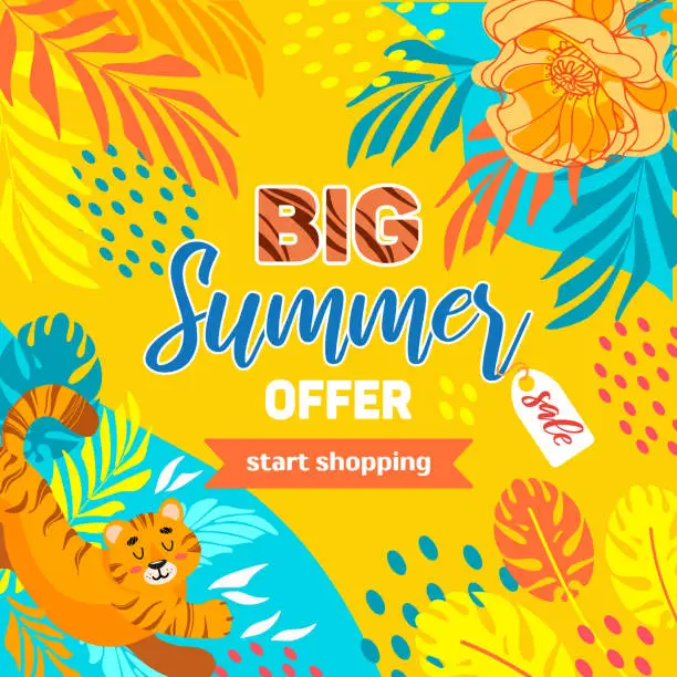 Vector illustration of Bright summer square sale banner. Tiger, tropical leaves and flowers. In bright yellow blue neon colors. Hippie, psychedelic. For advertising , website, flyer.