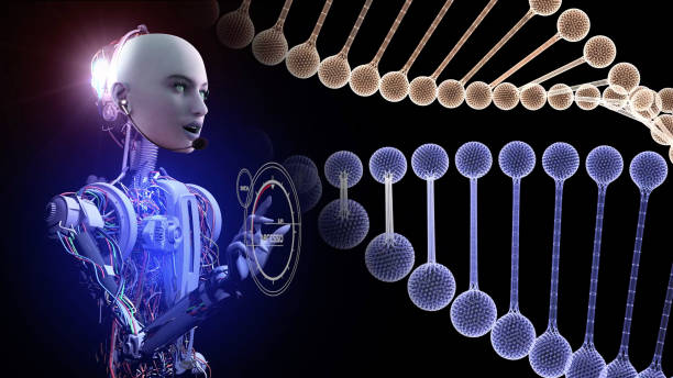 Artificial Intelligence Robot Searching DNA Spirals An artificial intelligence robot is working, which develops software with the help of a virtual computer. dna purification stock pictures, royalty-free photos & images