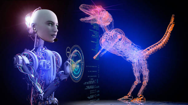An artificial intelligence robot is working, which develops software with the help of a virtual computer.