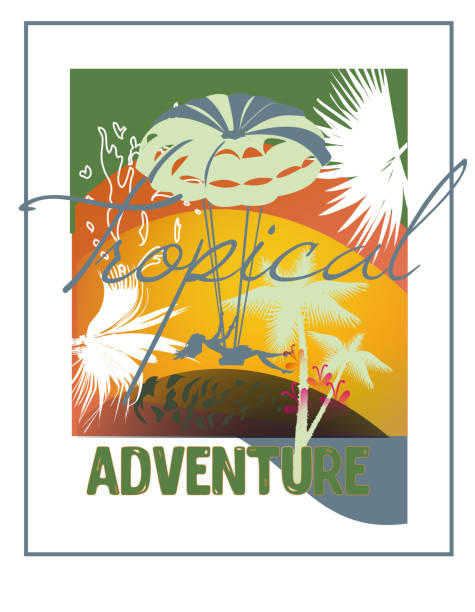 Slogan design print with tropic leaves and flowers decorated with colorful mosaic, summer activities. Paragliding girl. Slogan design print with tropic leaves and flowers decorated with colorful mosaic, summer activities. Paragliding girl. Handwritten lettering quote, slogan or saying. Hand drawn vector illustration. art deco miami stock illustrations