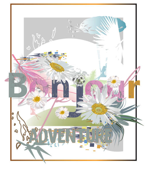 Slogan design print with the word bonjour, tropical leaves and flowers decorated with colorful mosaics. Slogan design print with the word bonjour, tropical leaves and flowers decorated with colorful mosaics. Handwritten lettering quote, slogan or saying for t shirts, covers,  wallpaper, greeting cards, wall-art, invitations. Hand drawn vector illustration. art deco miami stock illustrations