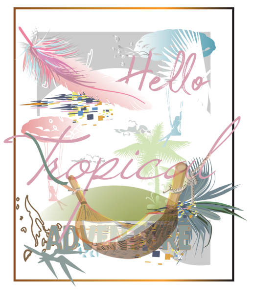 Slogan design print with tropic leaves and flowers decorated with colorful mosaic, summer activities. Slogan design print with tropic leaves and flowers decorated with colorful mosaic, summer activities. Paragliding girl. Handwritten lettering quote, slogan or saying. Hand drawn vector illustration. art deco miami stock illustrations