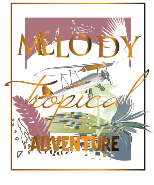 Slogan design print with tropic leaves and flowers decorated with colorful mosaic, summer activities. Slogan design print with tropic leaves and flowers decorated with colorful mosaic, summer activities. Paragliding girl. Handwritten lettering quote, slogan or saying. Hand drawn vector illustration. miami parachuting stock illustrations