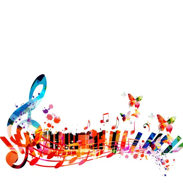 Vector illustration of Colorful treble clef musical note symbol with piano keyboard background. Music design with abstract G-clef and musical notes staff. Live concert events, talent show, music festival, party flyer