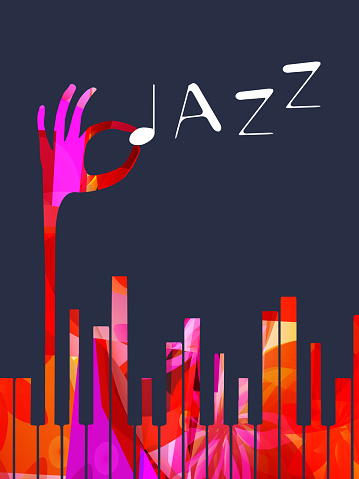 Live piano jazz concert poster with dark background. Vector illustration. Piano keyboard with hand holding word jazz with crotchet. Flyer, banner or invitation card for musical party, show, festival