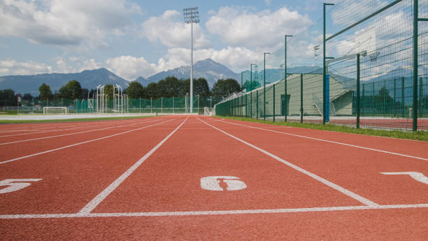 istock Athletic track with mountains in the background 1498937219