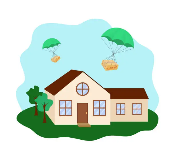 Vector illustration of Contactless home delivery with parachute color illustration. Flat design on white background. Contact free delivery