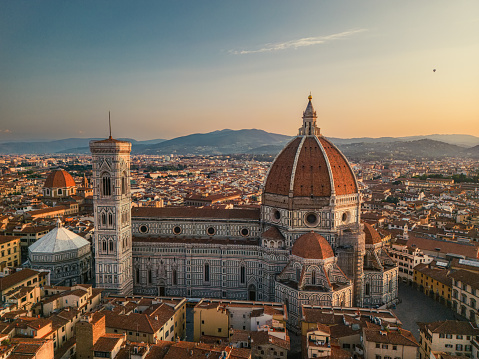 Sunrise aerial view of Florence city in Italy. Cathedral of Santa Maria del Fiore