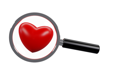 3d rendering of heart check with magnifying glass on isolated white background, health care concept