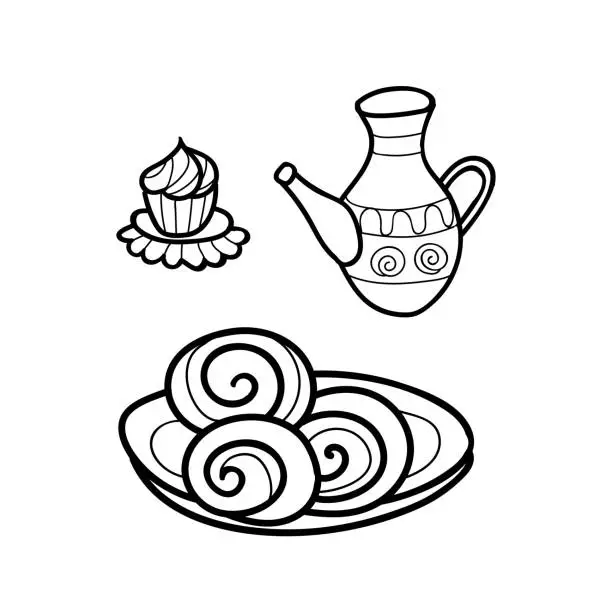 Vector illustration of illustration of isolated coffee set or tea set and cup cake