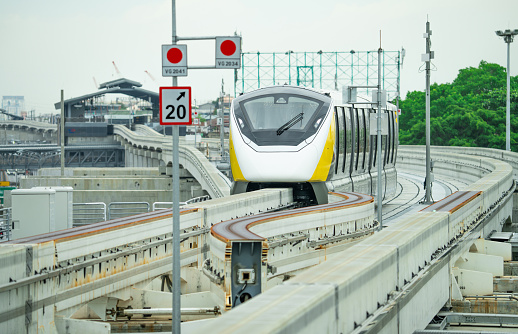 Elevated monorail train on rail. Public transit monorail. Modern mass transit. Rail transportation. Driverless straddle monorail on concrete guideway beam with conductor rail. Monorail technology.