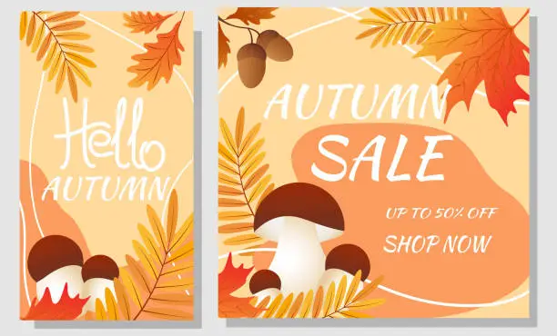 Vector illustration of Set autumn sale banners. Autumn leaves, cep and abstract shape on orange background. Design for social network, advertising.