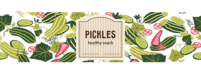 Pickled cucumber label design with seamless decorative border suitable for any size, hand drawn vector illustration. Pickles and or pickled cucumbers label.