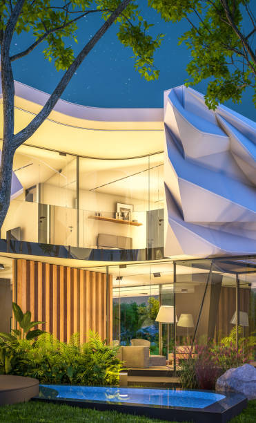 istock 3d rendering of modern house with bionic natural curves plastic forms in night 1498950319