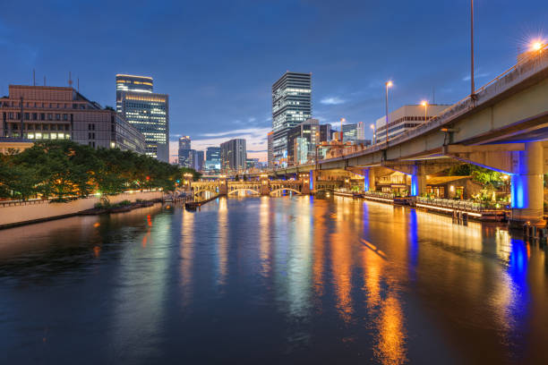 Osaka, Japan skyline in the Nakanoshima district in the evening.
