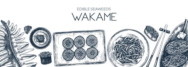 essbare algen vektor hintergrund - sashimi sushi salad sea stock-grafiken, -clipart, -cartoons und -symbole