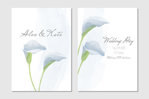 Vector watercolor wedding invitation with blue calla lilies