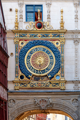 The Gros-Horloge (Great-Clock), a 14th century building with astronomical clock in the center of the town Rouen in the Normandy, France