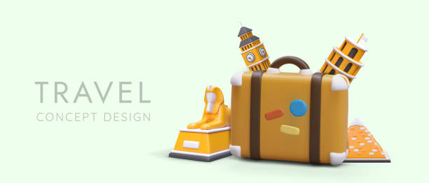 istock Realistic 3d suitcase with colored stickers, Big Ben, Pyramid, Leaning Tower of Pisa and Sphinx 1498956700